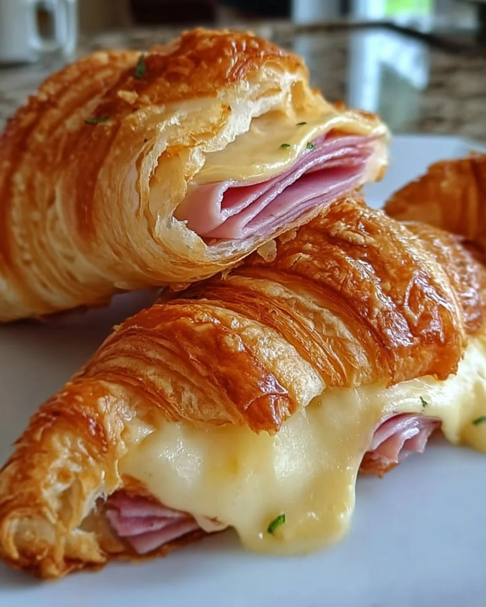 Delicious baked ham and cheese croissants on a wooden table.