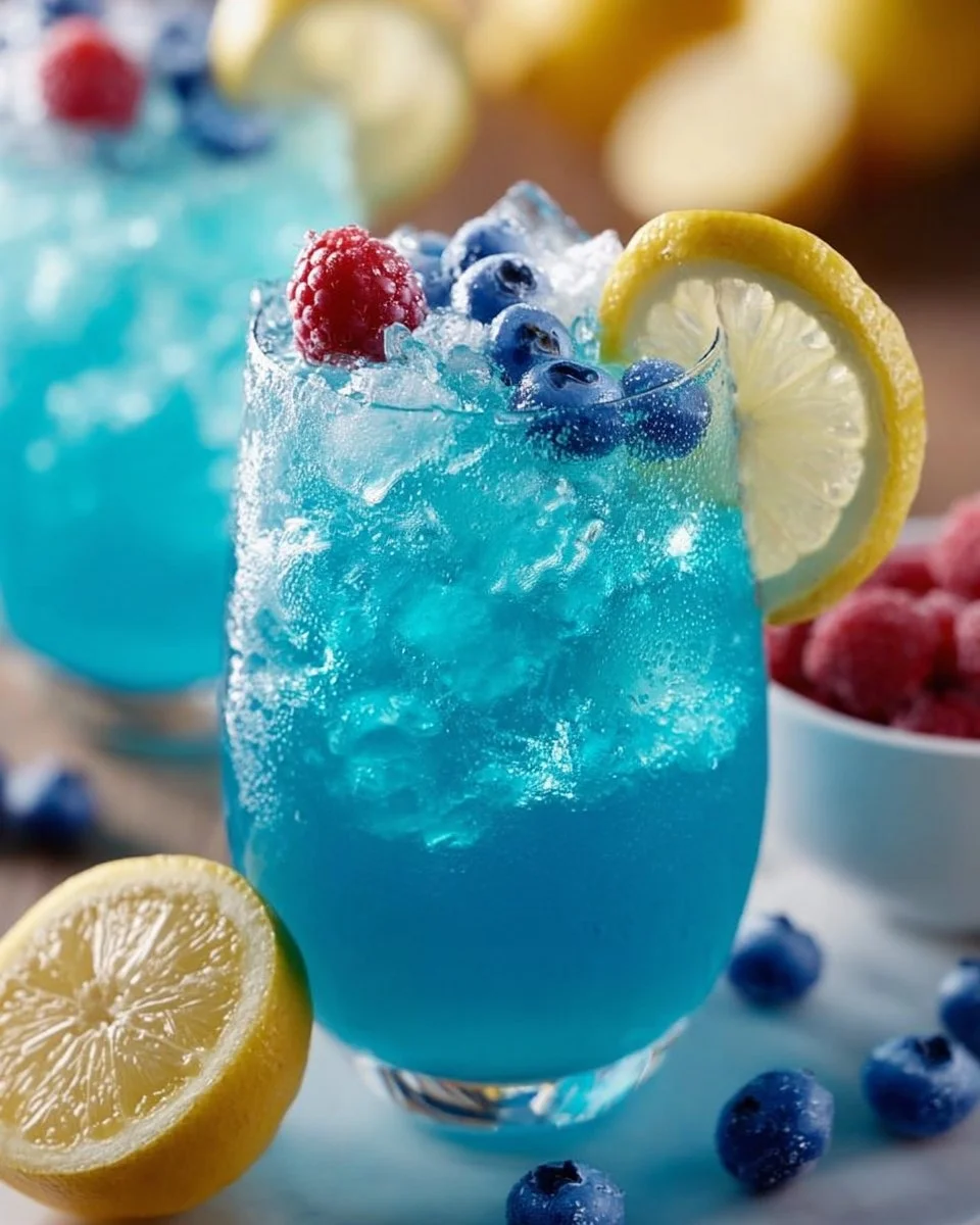 Refreshing blue raspberry lemonade in a glass with ice and lemon slices