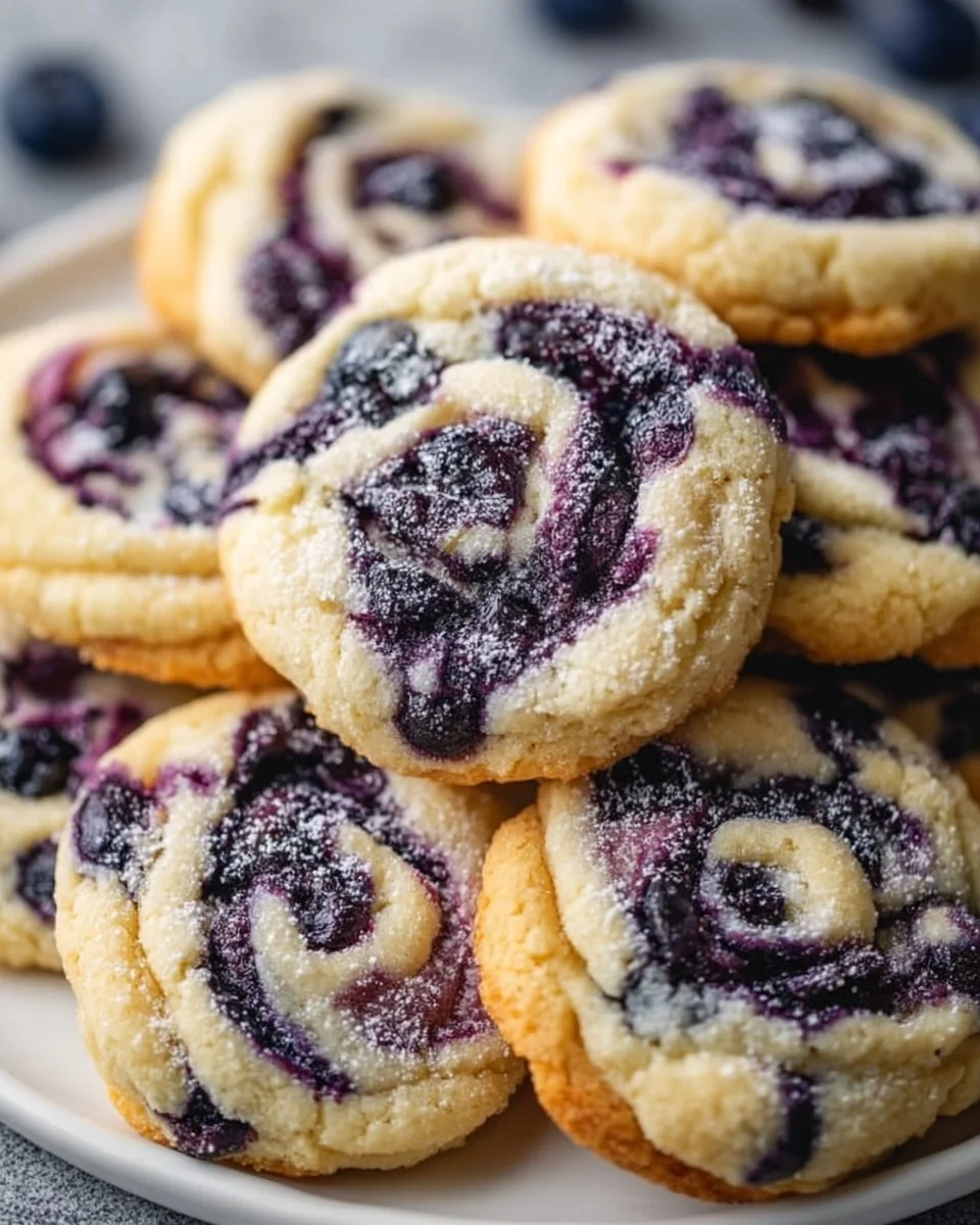 Delicious blueberry cheesecake cookies with a creamy swirl and fresh blueberries.