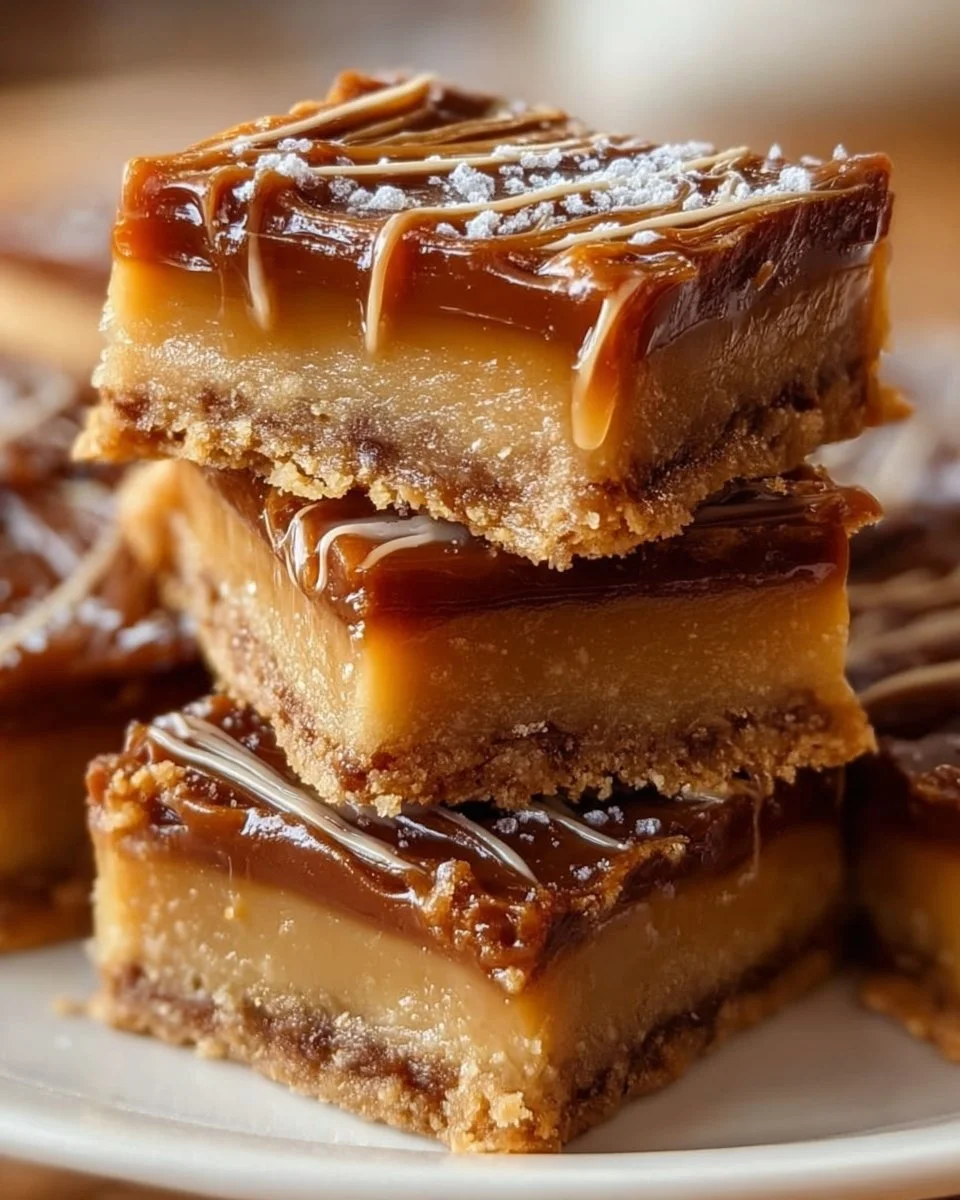 Homemade Caramel Crush Bars dessert with caramel drizzle and crunchy topping.