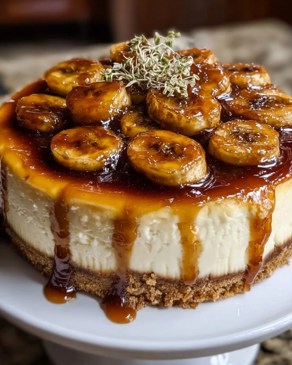 Delicious caramelized banana cheesecake with a rum glaze on top