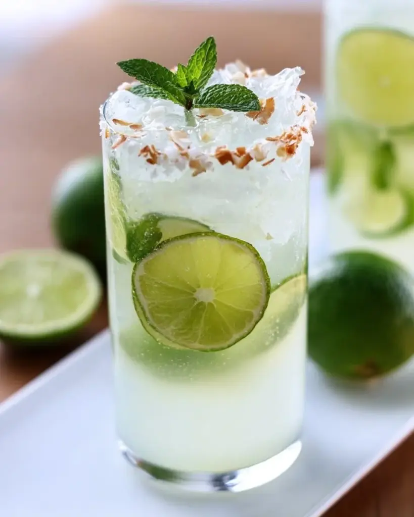 A refreshing Coconut Lime Refresher drink garnished with lime and coconut flakes.