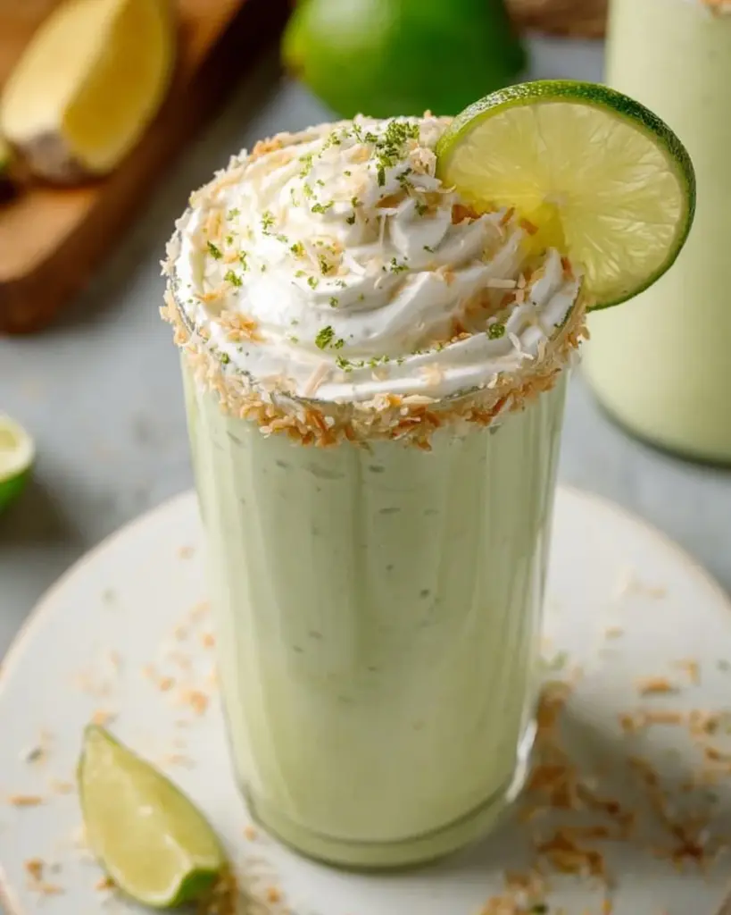 Creamy Coconut Key Lime Pie Smoothie topped with lime slice and coconut flakes