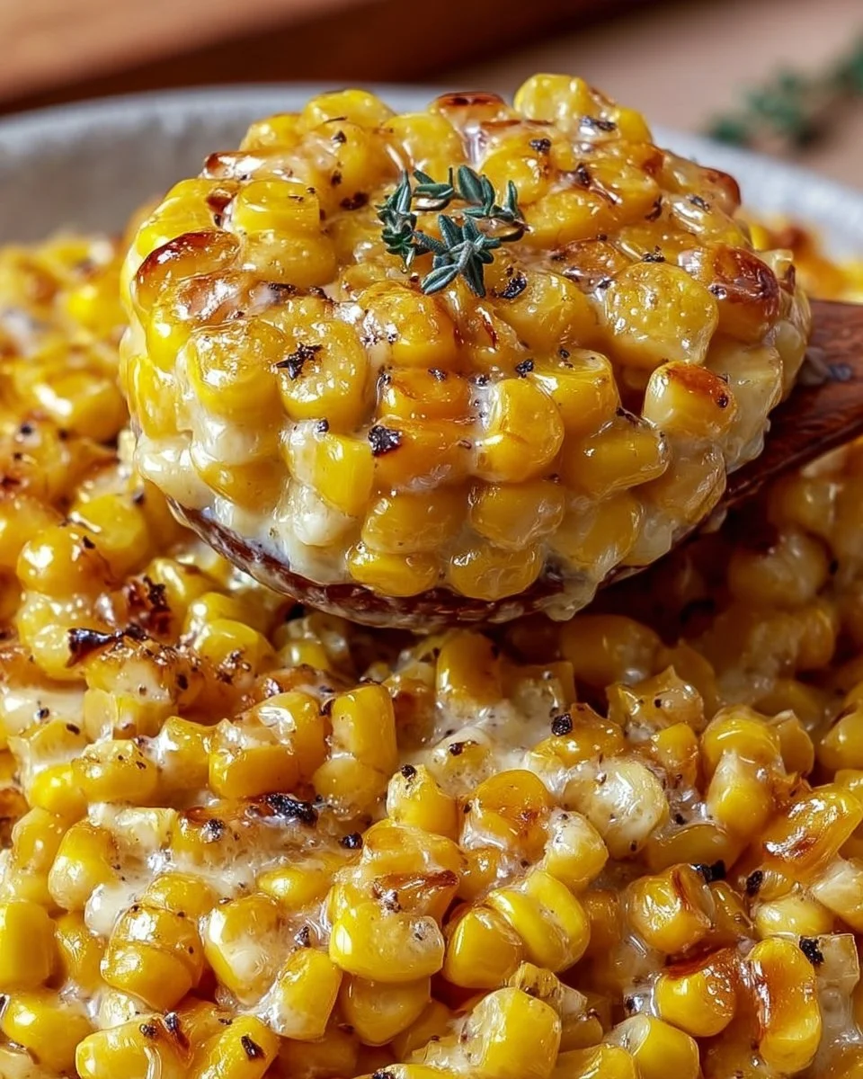 Creamy honey butter corn in a skillet, garnished and ready to serve.