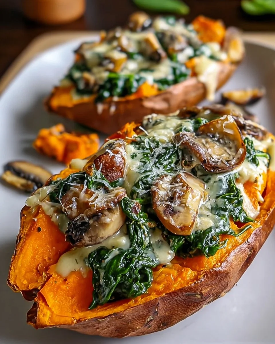Creamy mushroom and spinach stuffed sweet potatoes on a plate
