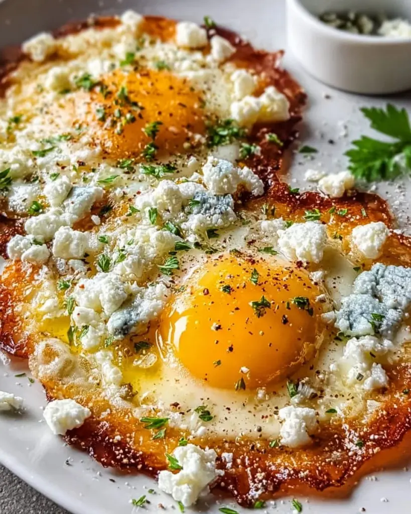 Crispy feta fried eggs served on a plate with fresh herbs