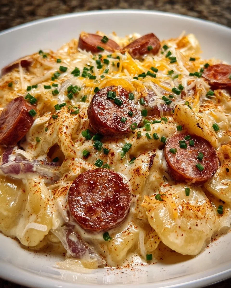 Delicious Crockpot Pierogi Casserole with Kielbasa served in a dish