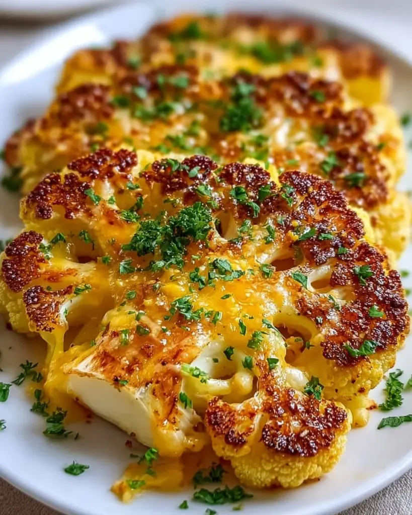 Golden crusted cheesy cauliflower steaks on a plate, garnished and ready to serve.