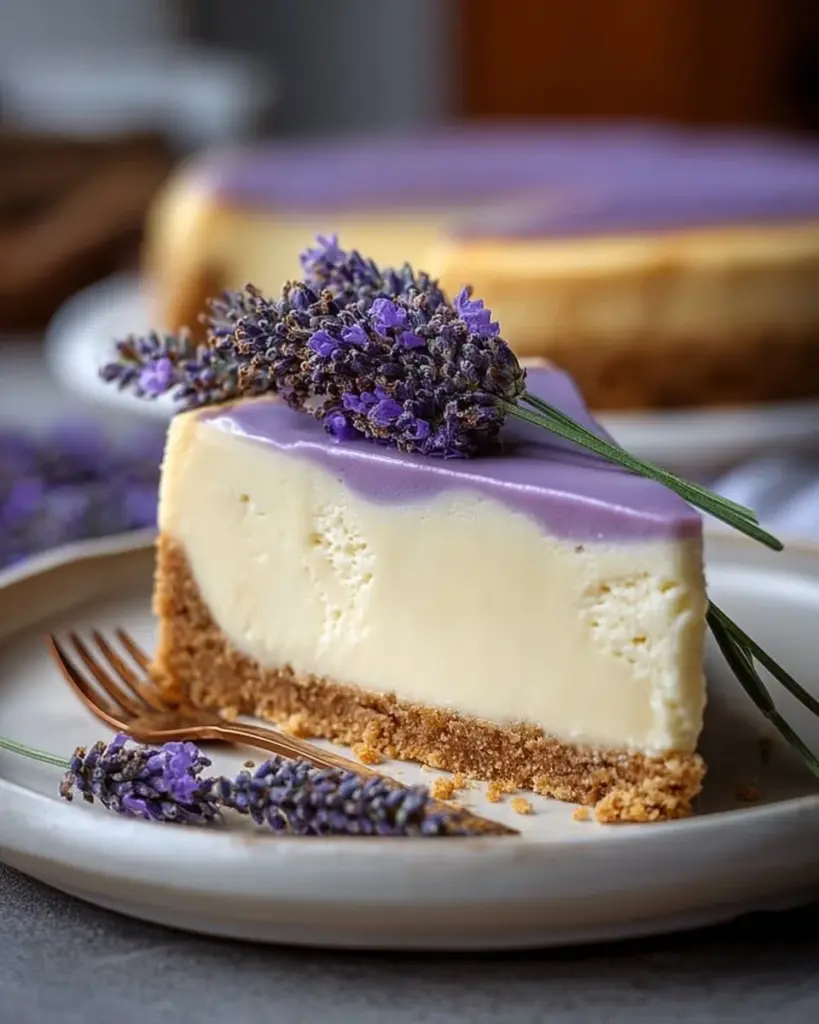 Delicious honey lavender cheesecake dessert garnished with lavender flowers