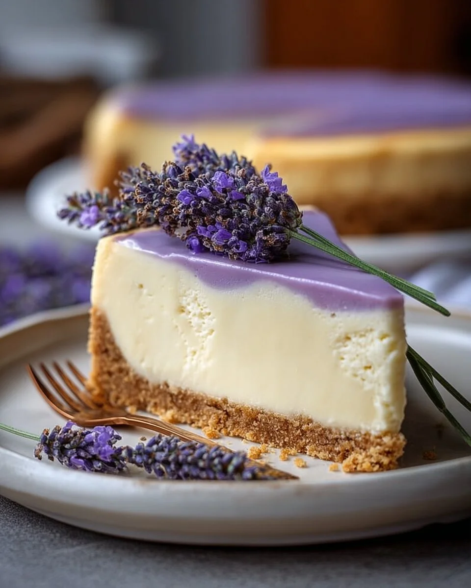 Delicious honey lavender cheesecake dessert garnished with lavender flowers