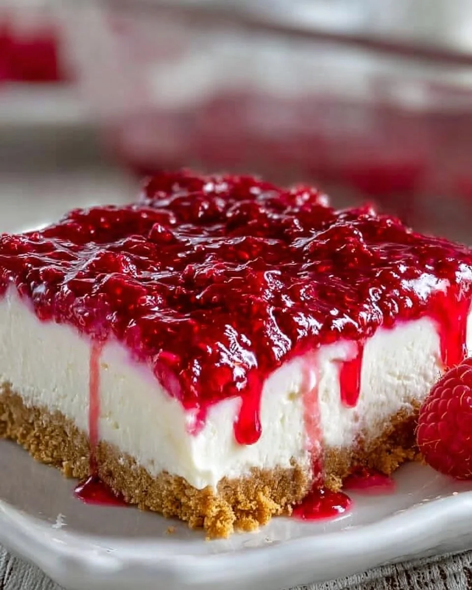 Delicious slice of dreamy raspberry cheesecake topped with fresh raspberries