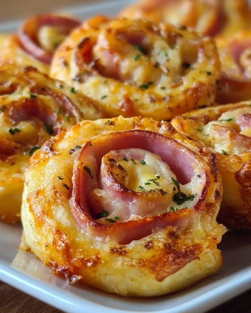 Easter Ham and Cheddar Pinwheels on a festive platter