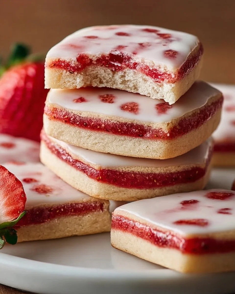 Easy strawberry shortbread cookies on a plate with fresh strawberries
