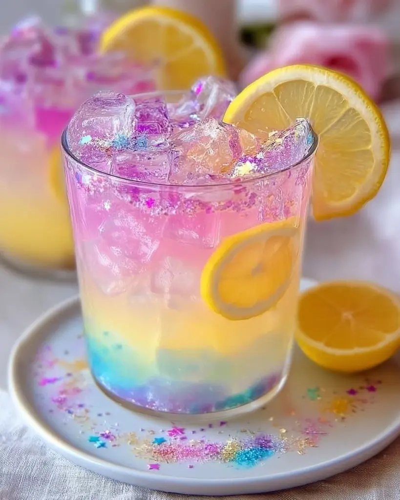 Colorful Enchanted Unicorn Lemonade in a glass with whimsical decorations