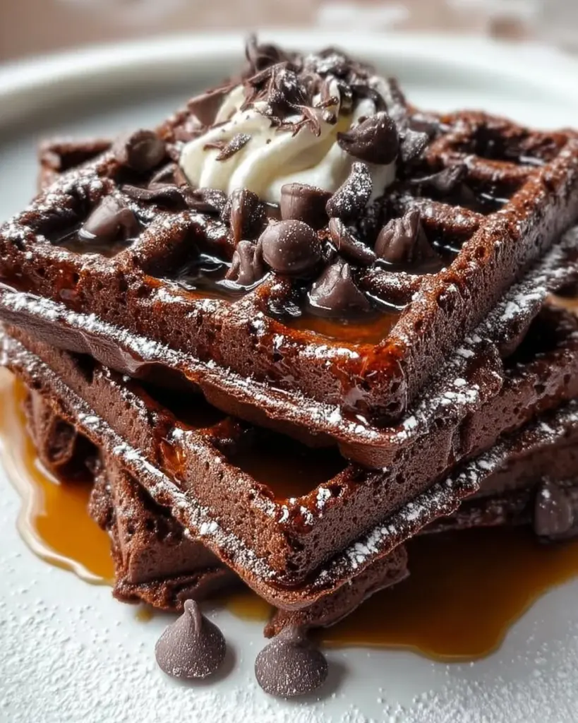 Delicious fudgy brownie waffles topped with chocolate sauce and whipped cream