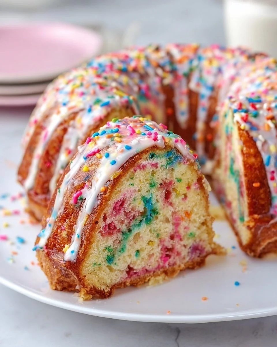 A colorful Funfetti Bundt Cake with sprinkles on top, perfect for celebrations.