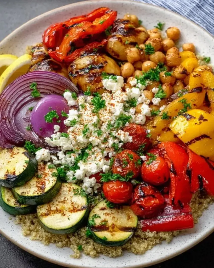 Healthy Grilled Mediterranean Bowl with fresh vegetables and grilled chicken