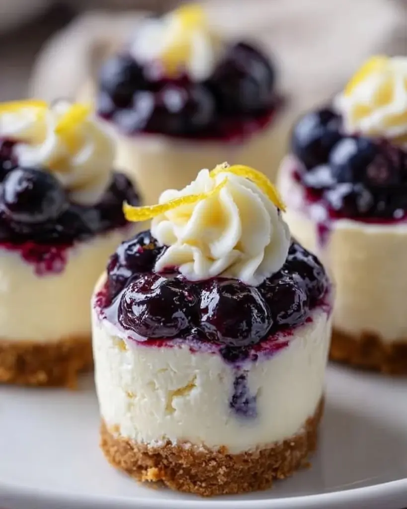 Healthy mini lemon blueberry cheesecakes with fresh blueberries and lemon zest