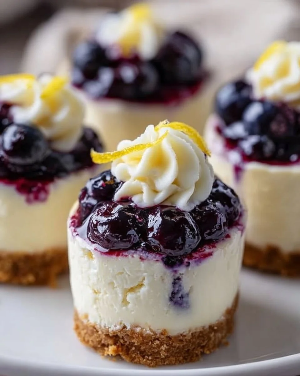 Healthy mini lemon blueberry cheesecakes with fresh blueberries and lemon zest