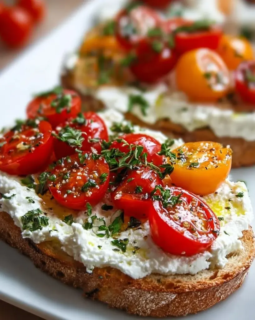Herbed ricotta and tomato toast garnished with fresh herbs on a wooden board.