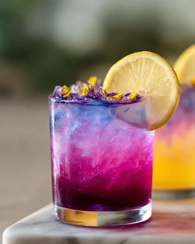 A refreshing Honey Lemon Butterfly Fizz drink with butterfly pea flowers and citrus.