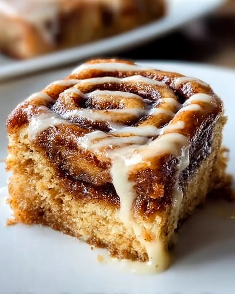 Delicious cinnamon roll bliss bars with icing and cinnamon on a plate