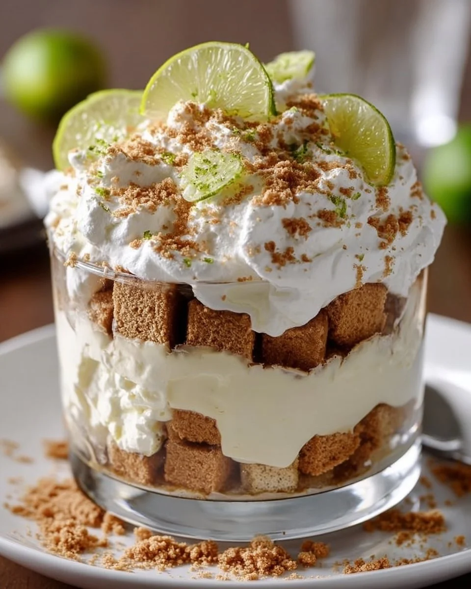 Delicious Key Lime Pie Trifle layered with lime and cream in a glass dish