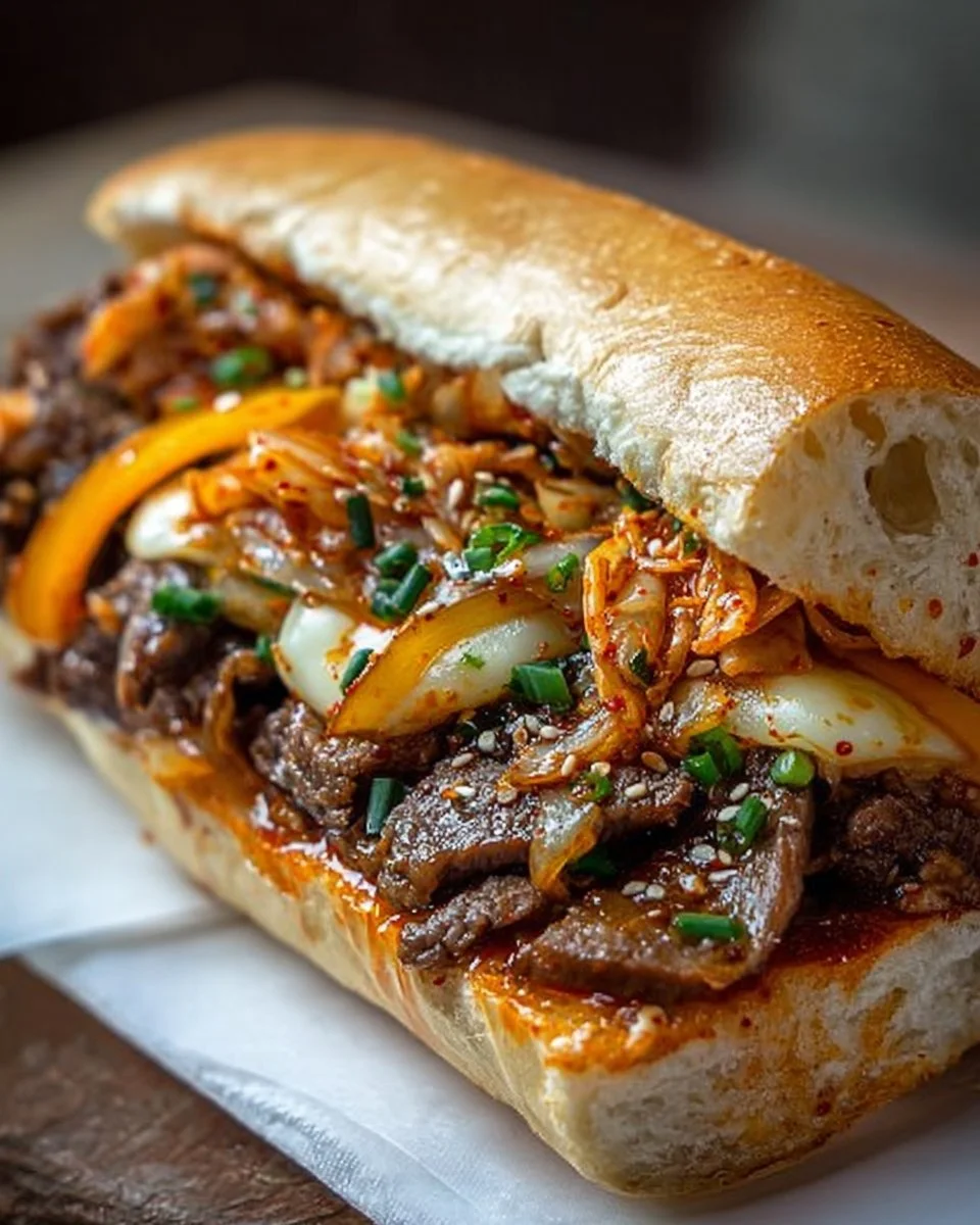 Delicious kimchi bulgogi cheesesteak loaded with flavorful ingredients