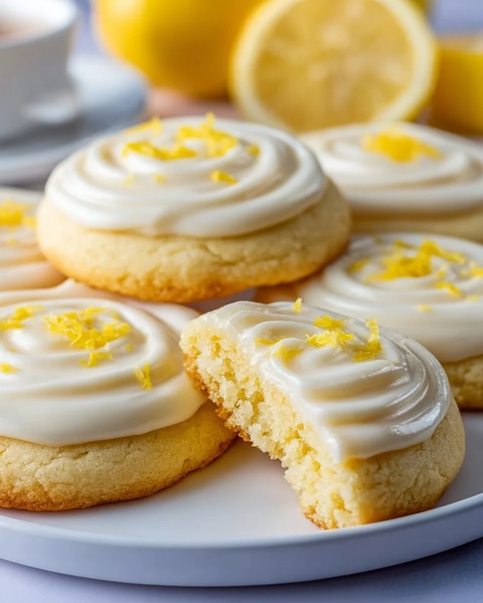 Plate of delicious lemon frosted cookies with a bright yellow icing