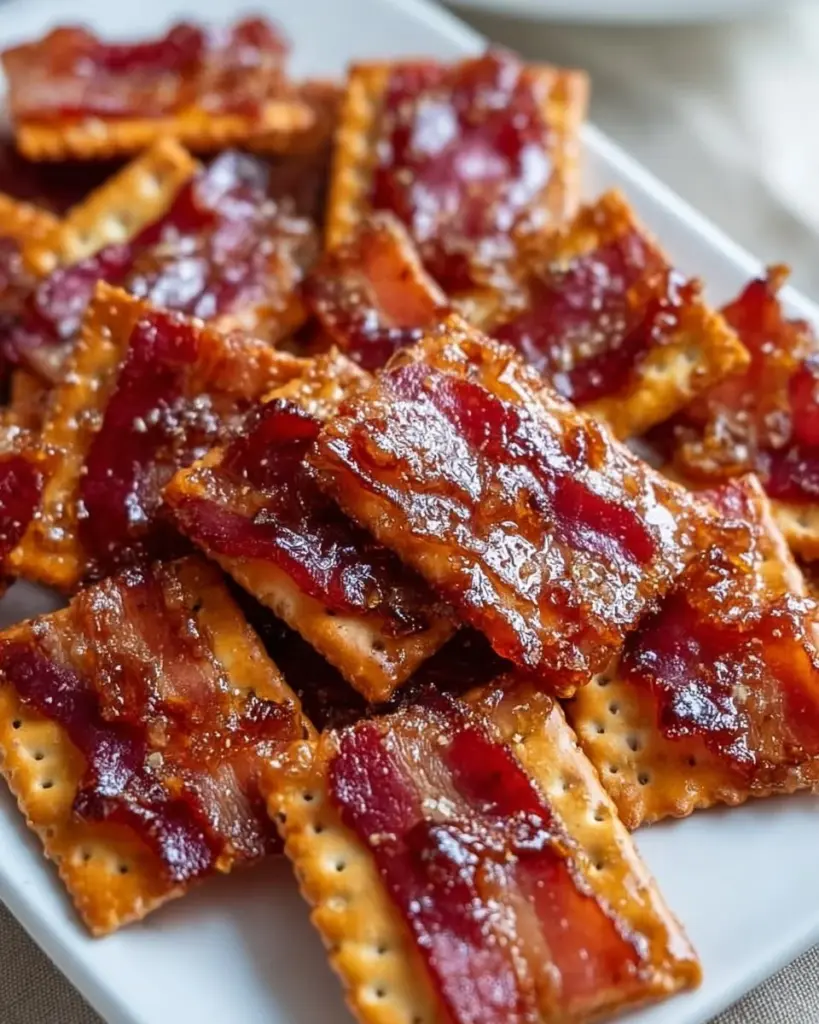 Delicious Maple Candied Bacon Crackers on a serving platter