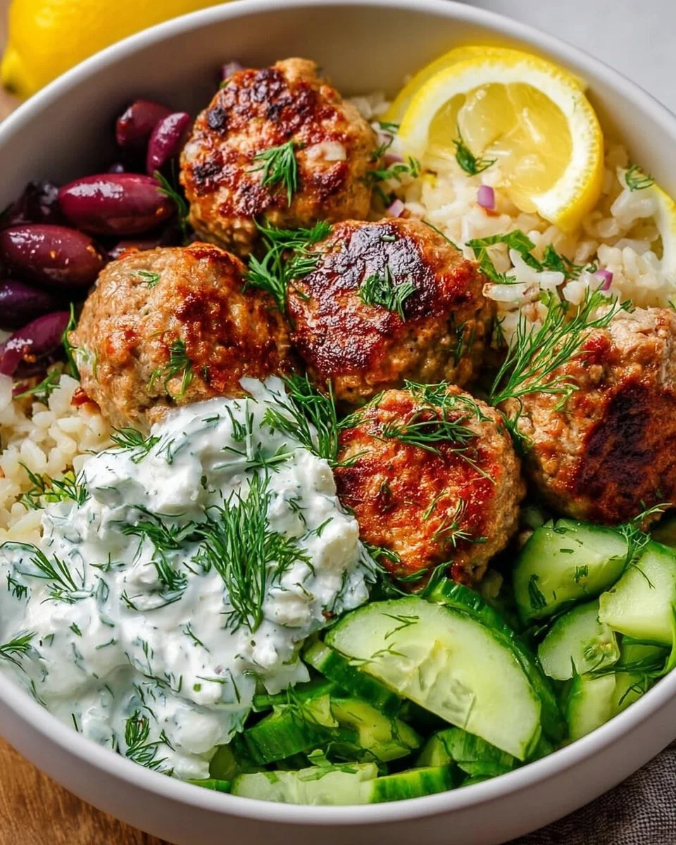 Mediterranean Bowl featuring Turkey Meatballs, fresh vegetables, and grains