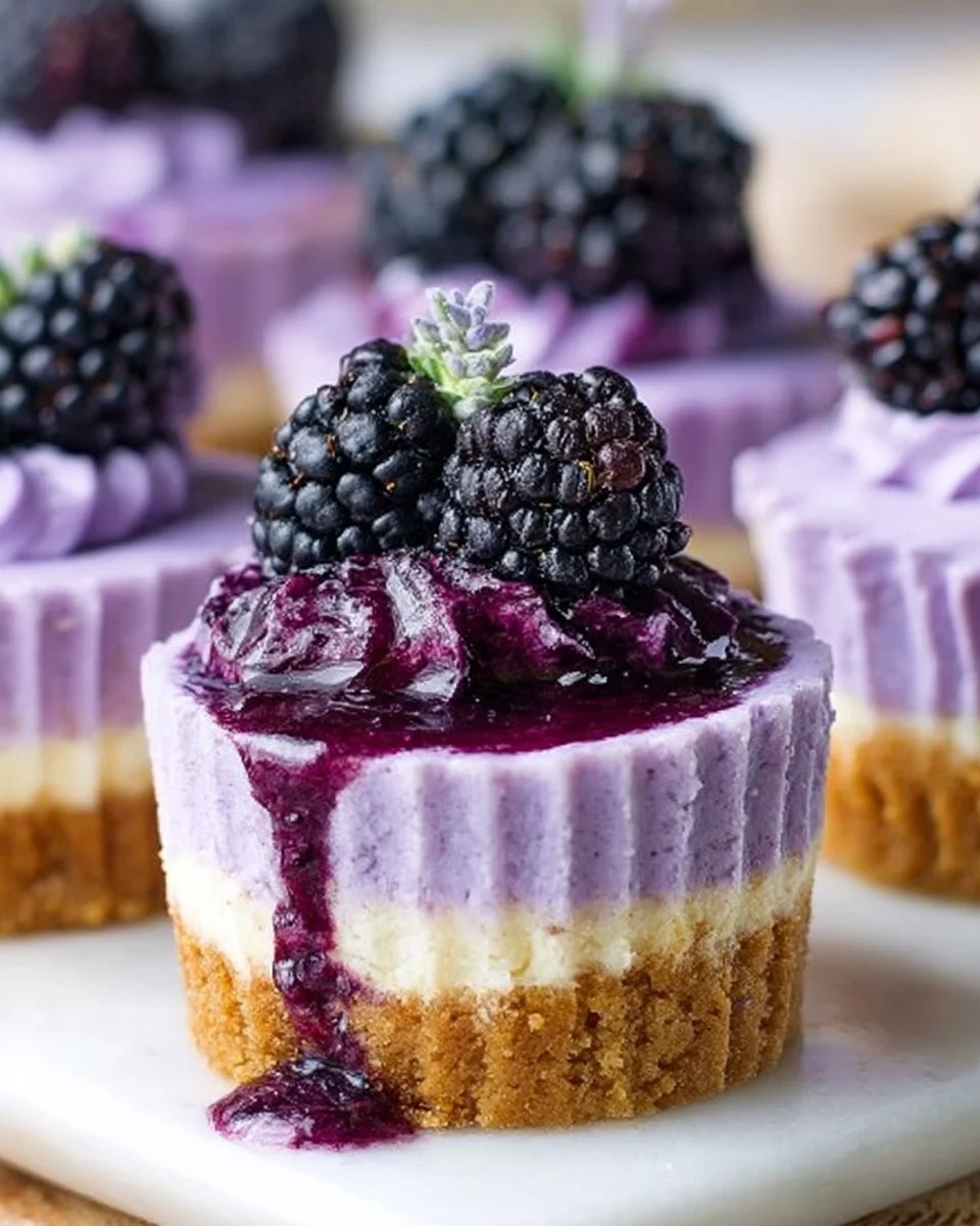 Mini Blackberry Lavender Cheesecakes topped with fresh blackberries and lavender blossoms