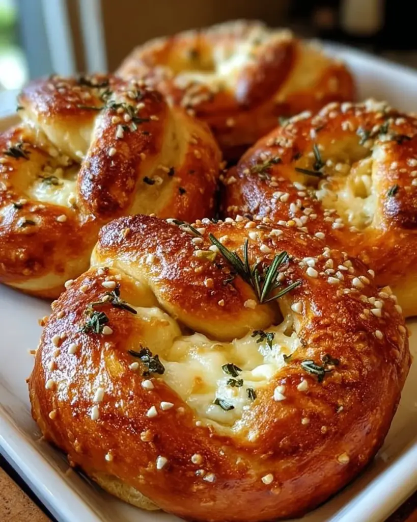 Mozzarella-stuffed rosemary parmesan soft pretzels freshly baked