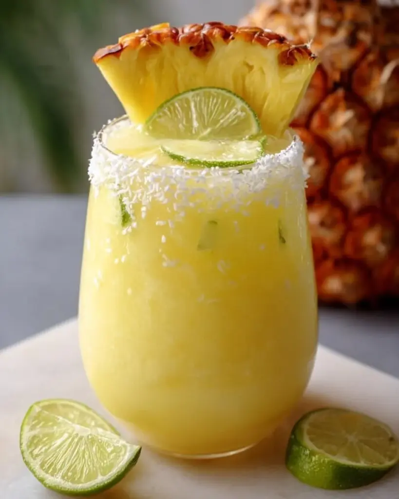 Refreshing Non Alcoholic Piña Colada Punch served in a tropical glass with fruit garnishes.
