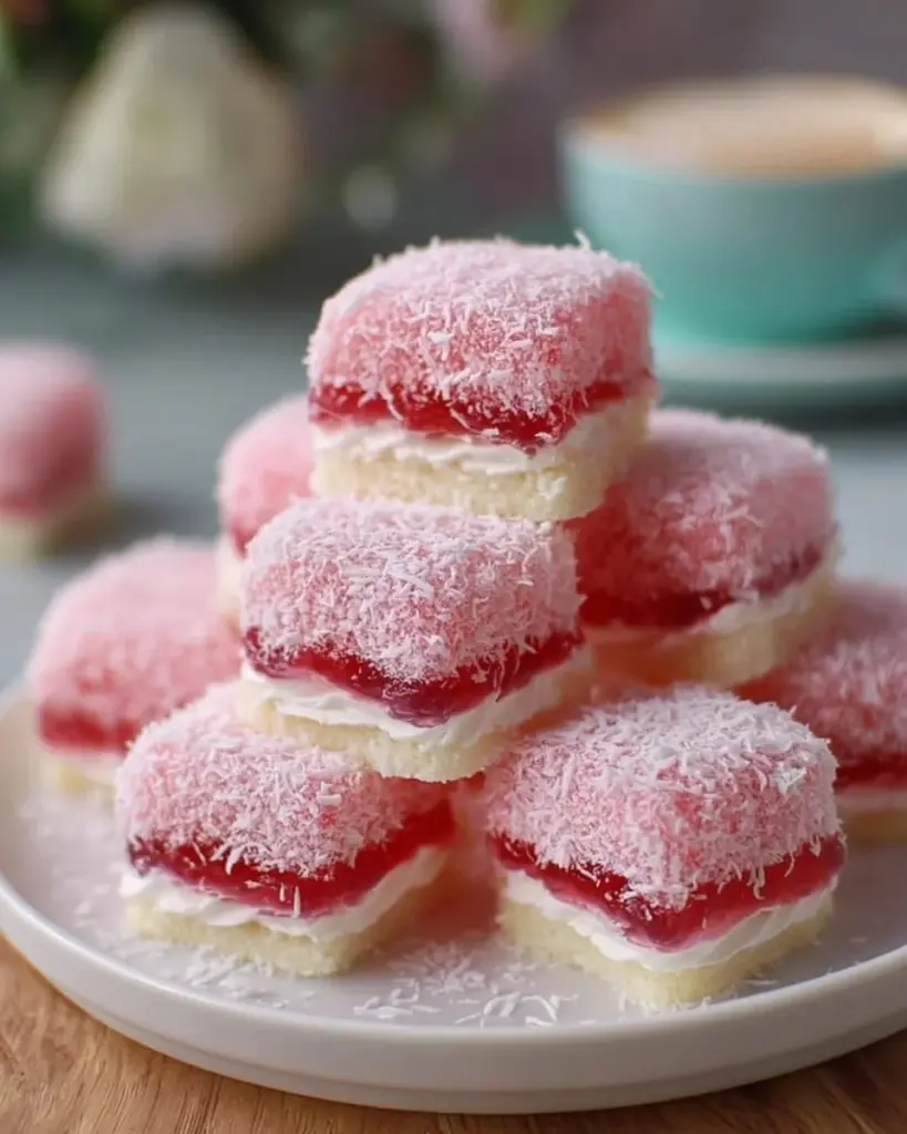 Delicious old-fashioned pink jelly cakes on a rustic table setting