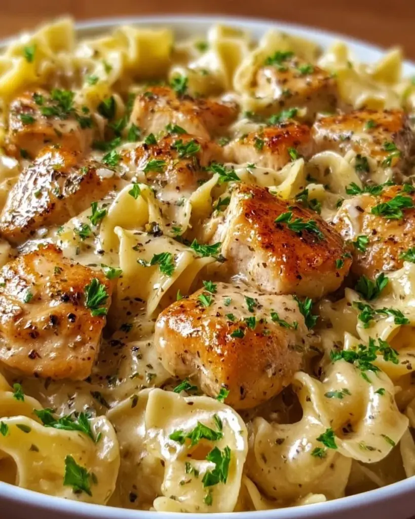 One-Pan Creamy Garlic Butter Chicken served with Egg Noodles