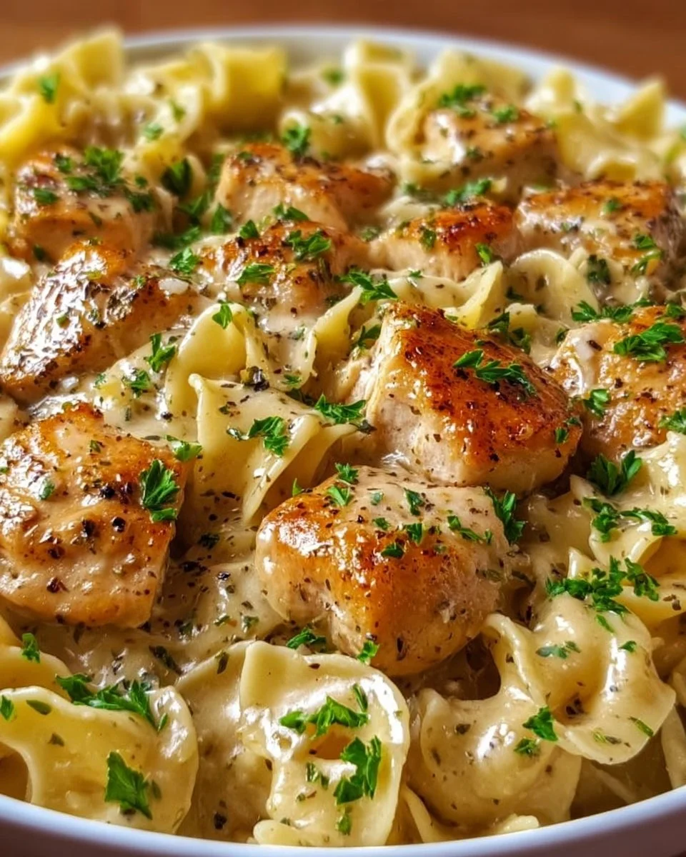 One-Pan Creamy Garlic Butter Chicken served with Egg Noodles