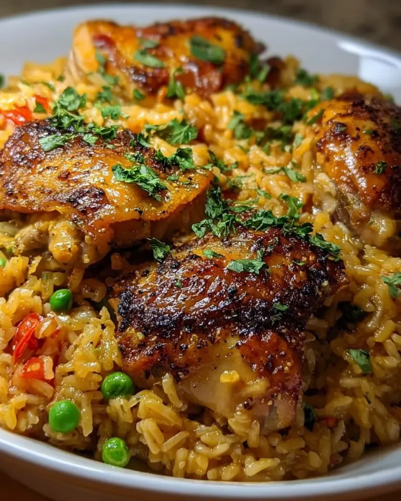One-Pot Chicken and Rice dish served on a plate with herbs