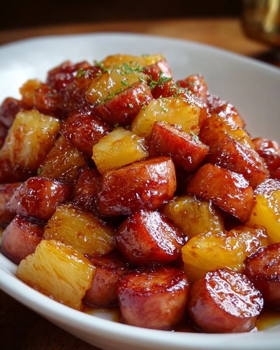 Pineapple Brown Sugar Mississippi Little Smokies bites served on a platter