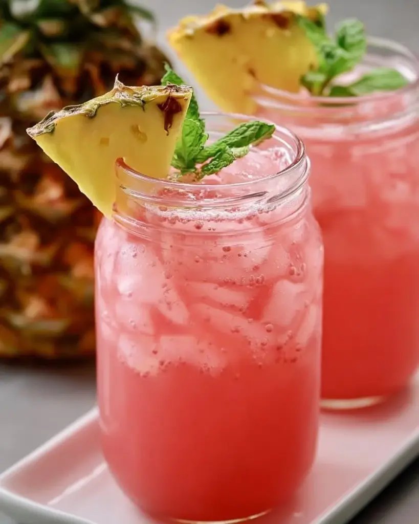 Glass of pineapple pink lemonade garnished with fresh fruit