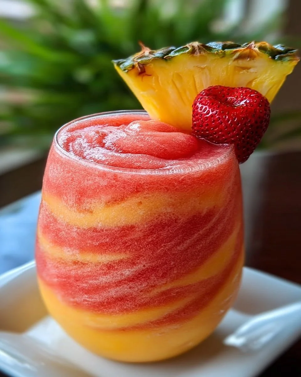 Pineapple Strawberry Slushies served in colorful glasses