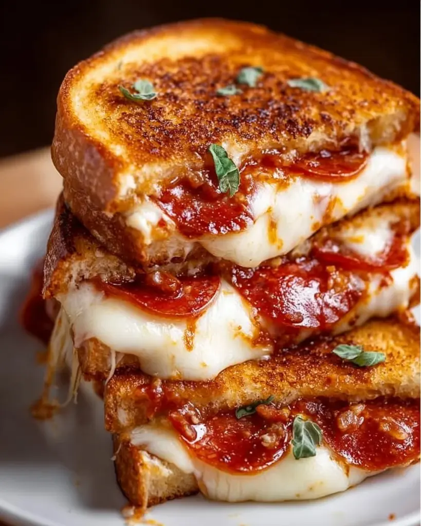 Melted cheese and pizza toppings layered in a grilled cheese sandwich
