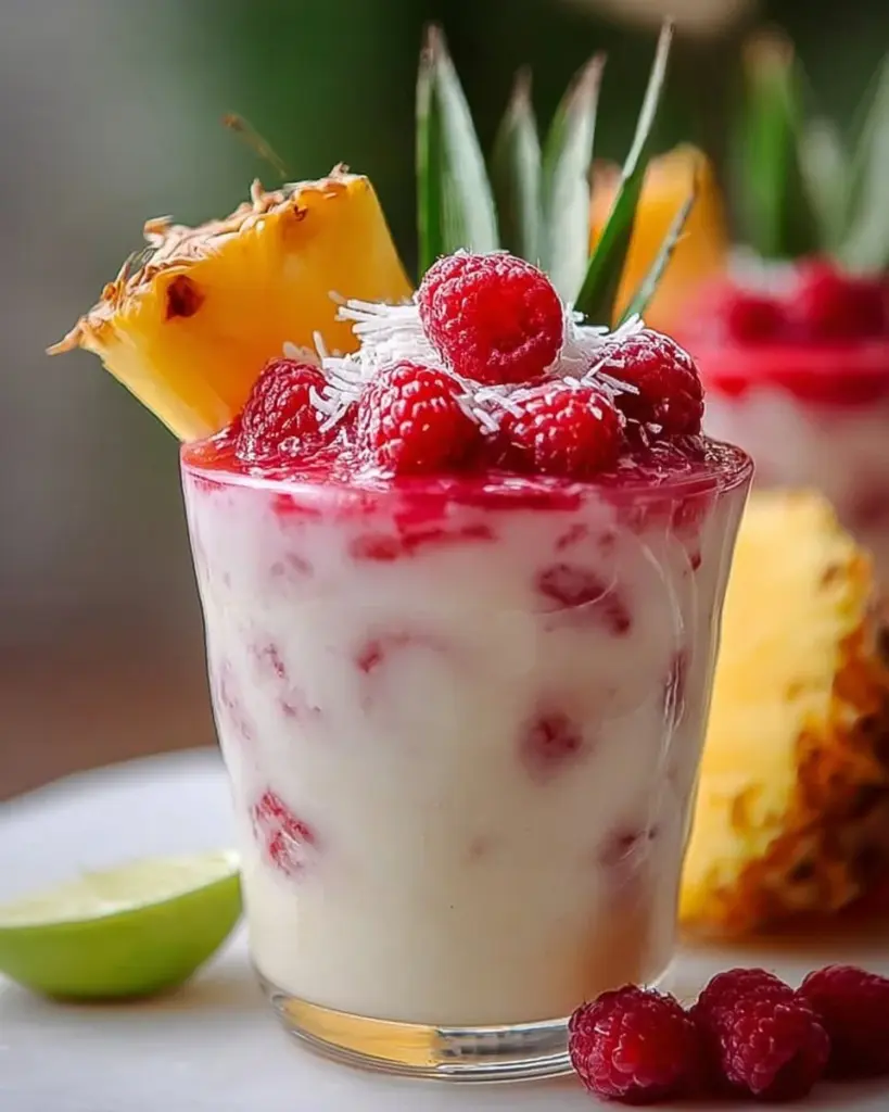 A delicious Raspberry Colada Twist cocktail garnished with fresh raspberries.