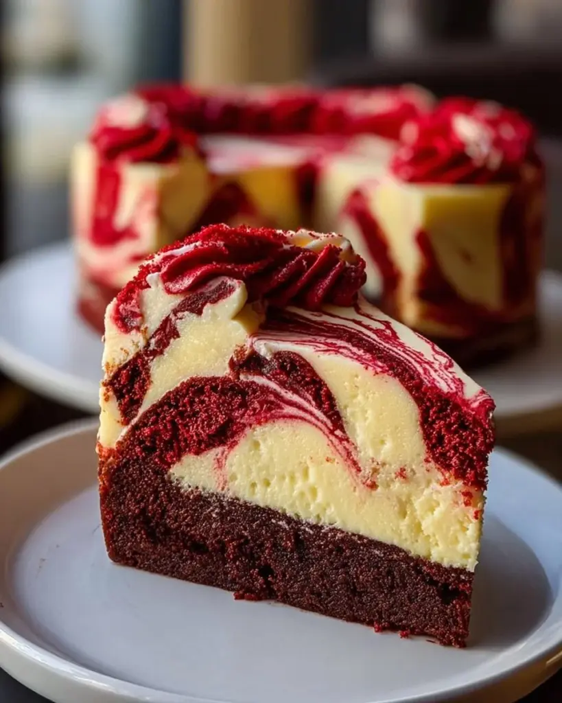 Delicious Red Velvet Cheesecake Swirl Cake with creamy cheesecake and rich red velvet layers.