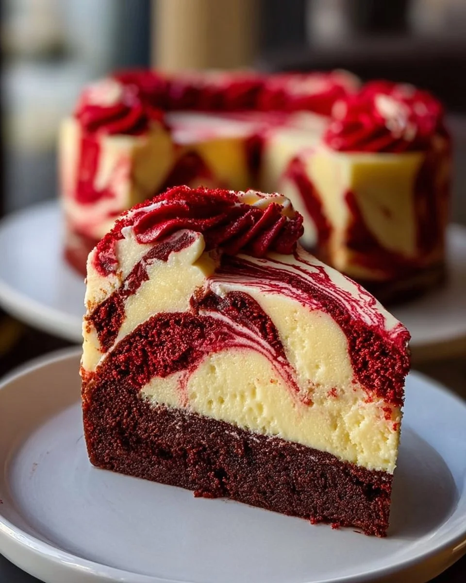 Delicious Red Velvet Cheesecake Swirl Cake with creamy cheesecake and rich red velvet layers.