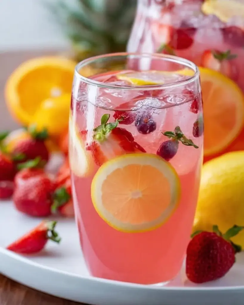 A refreshing fruit punch served in a colorful glass with fruits and ice.