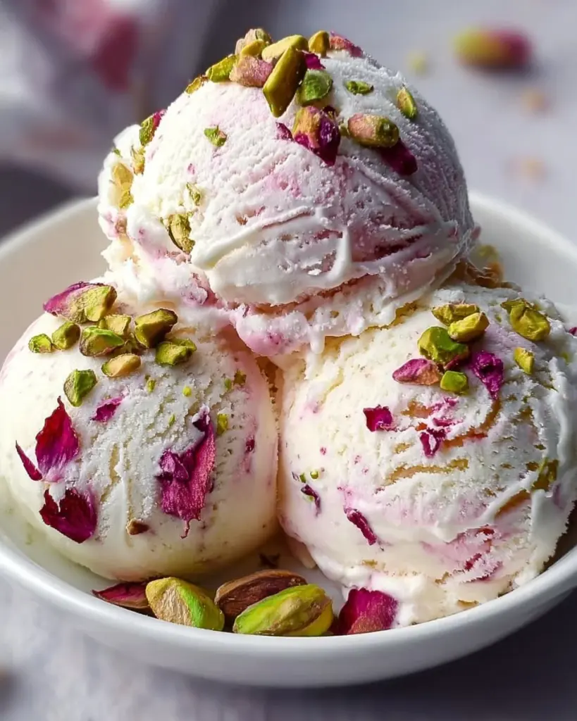 Creamy rose pistachio ice cream topped with crushed pistachios and rose petals.
