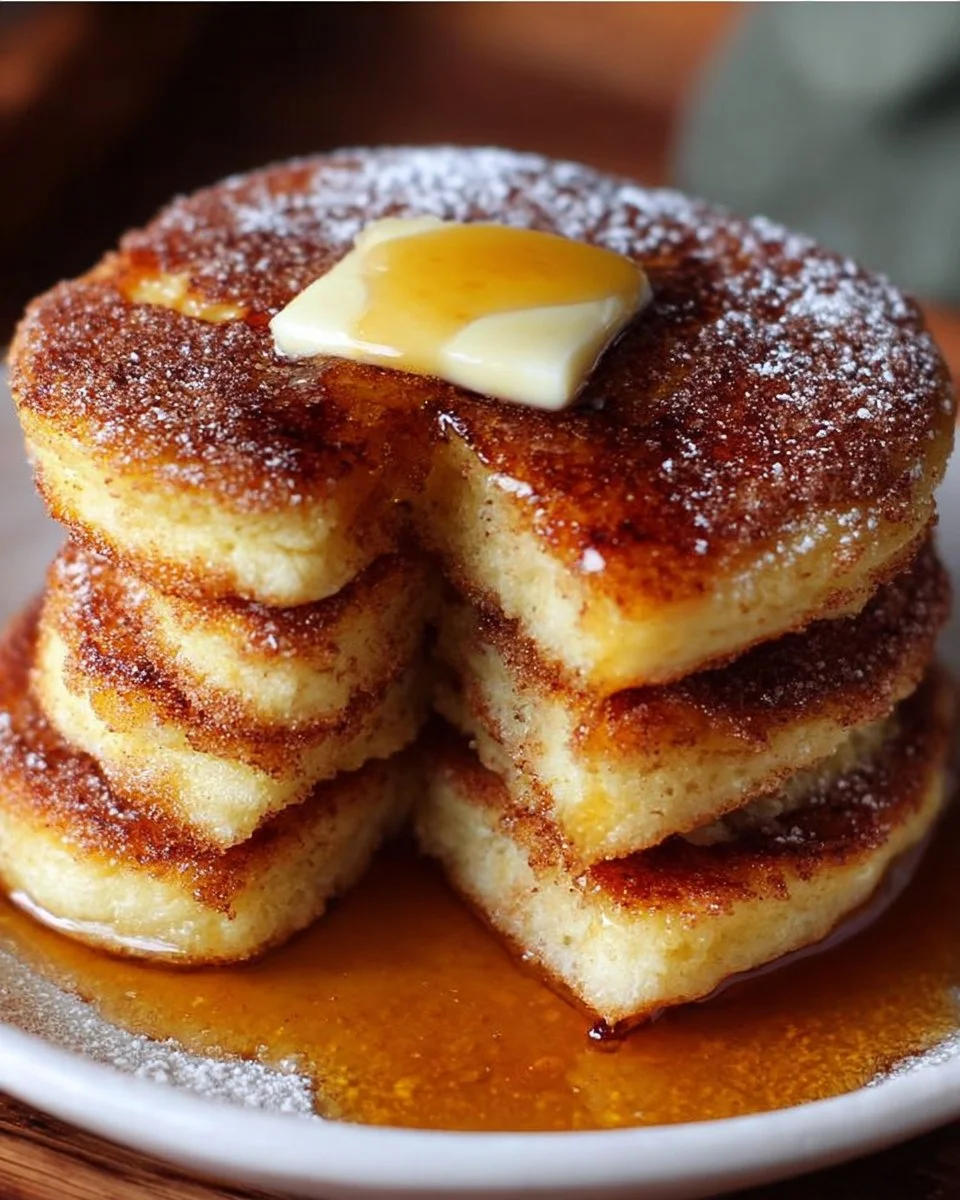 Delicious churro pancakes topped with cinnamon and sugar