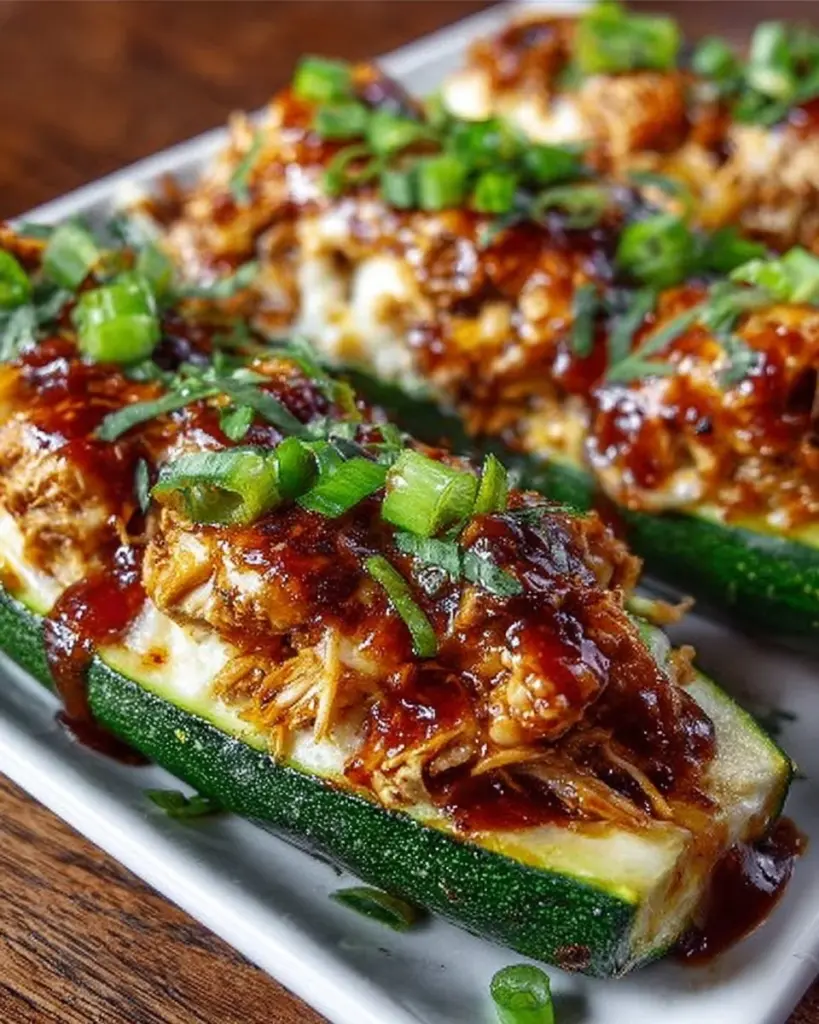 Sticky BBQ chicken zucchini boats topped with fresh herbs