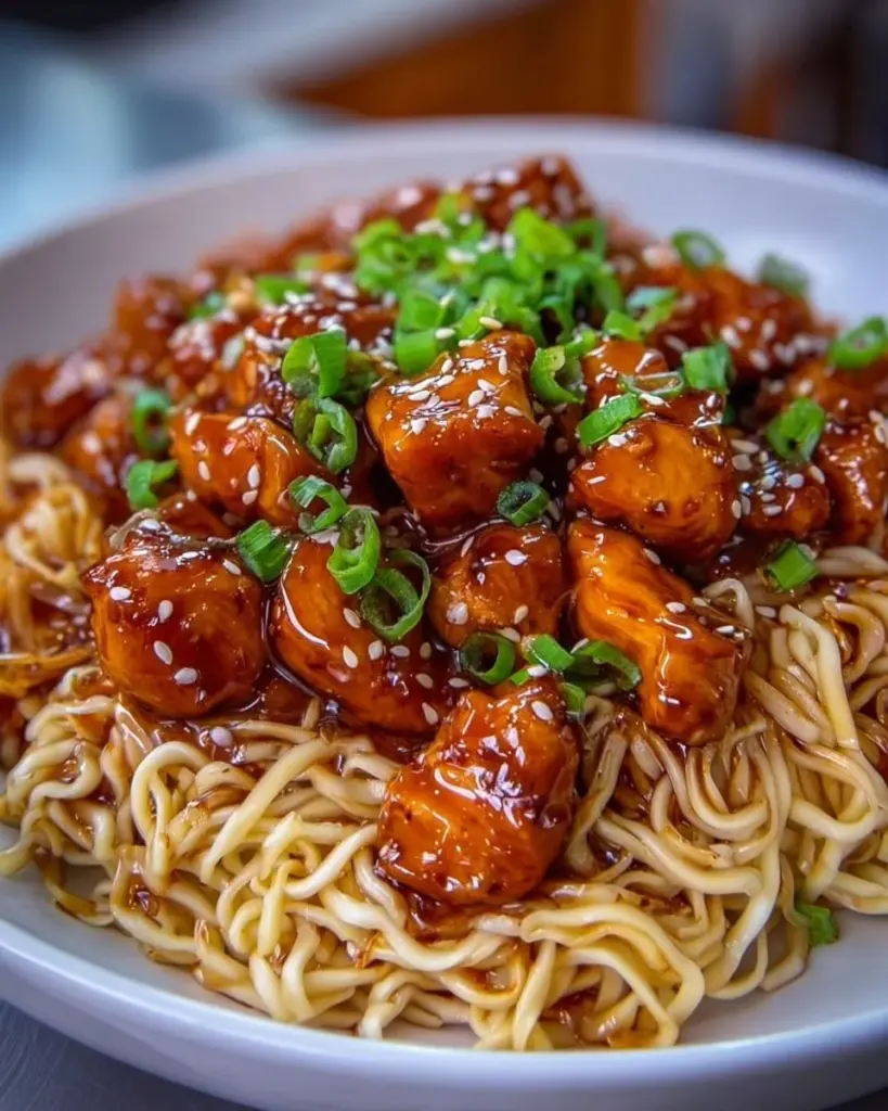 Sticky garlic chicken noodles served in a bowl with green onions